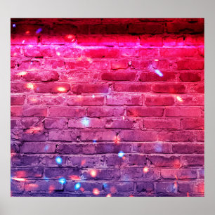 Neon light: empty brick wall. poster