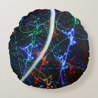 Neon Light Trails Abstract Photography. Cyberpunk Round Cushion