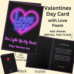 Neon Light Valentine Heart with Love Poem Card