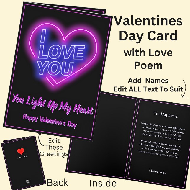 Neon Light Valentine Heart with Love Poem Card (Creator Uploaded)