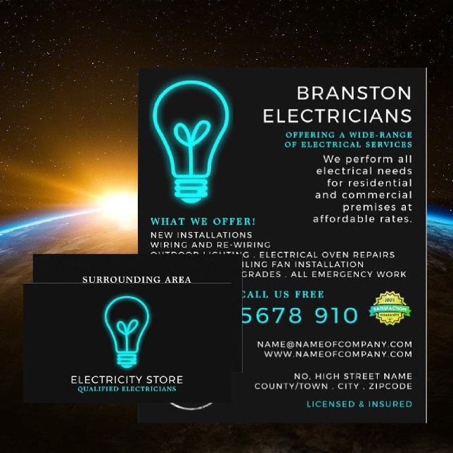 Neon Lightbulb, Electrician Advertising Flyer (Creator Uploaded)