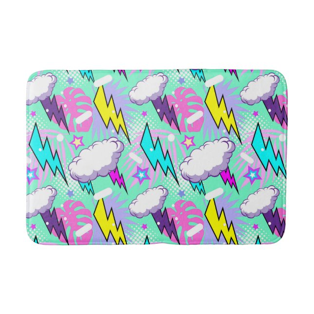 Neon Lightning Bolts & Stars Pattern Bath Mat (Front)