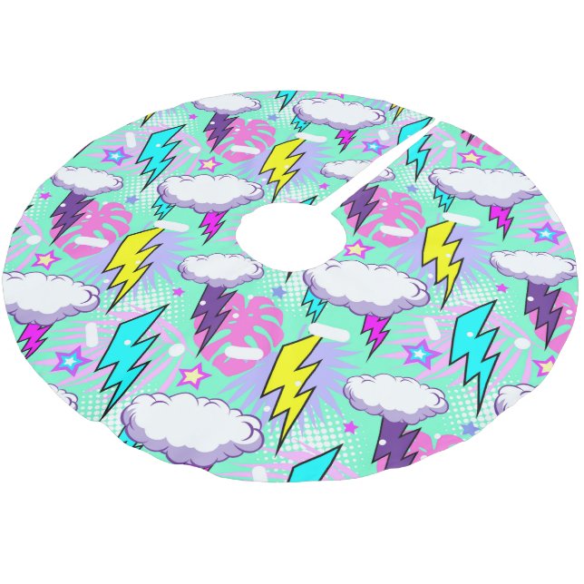 Neon Lightning Bolts & Stars Pattern Brushed Polyester Tree Skirt (Angled)