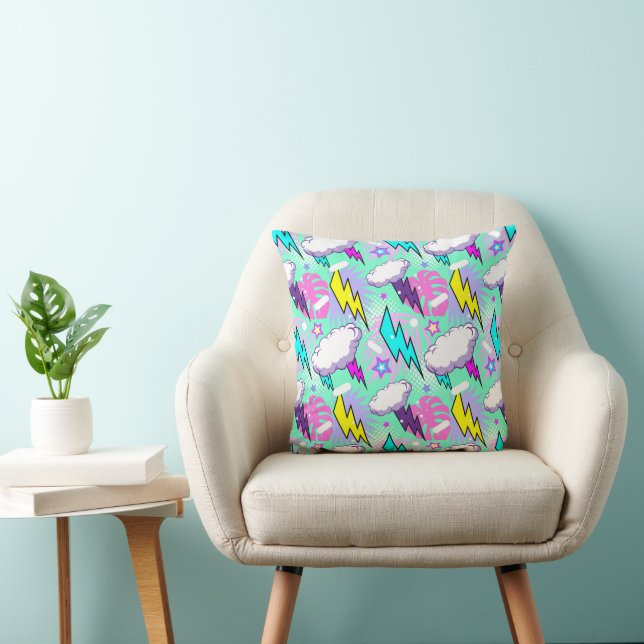 Neon Lightning Bolts & Stars Pattern Cushion (Chair)