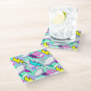 Neon Lightning Bolts & Stars Pattern Glass Coaster