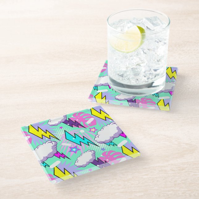 Neon Lightning Bolts & Stars Pattern Glass Coaster (Angled)
