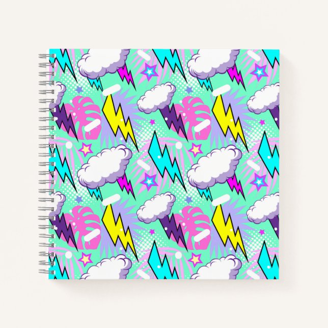 Neon Lightning Bolts & Stars Pattern Notebook (Front)
