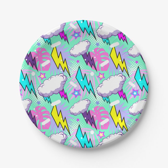 Neon Lightning Bolts & Stars Pattern Paper Plate (Front)