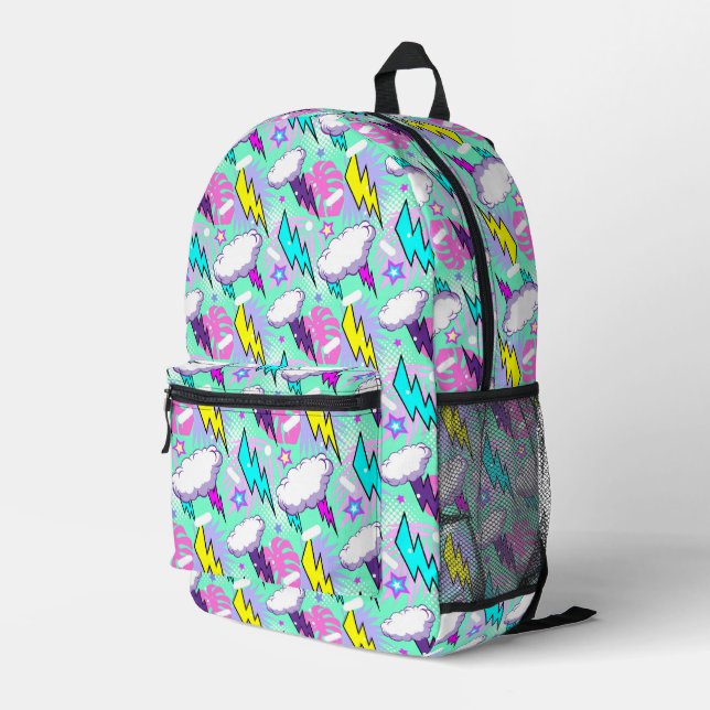 Neon Lightning Bolts & Stars Pattern Printed Backpack (Back Corner Right)