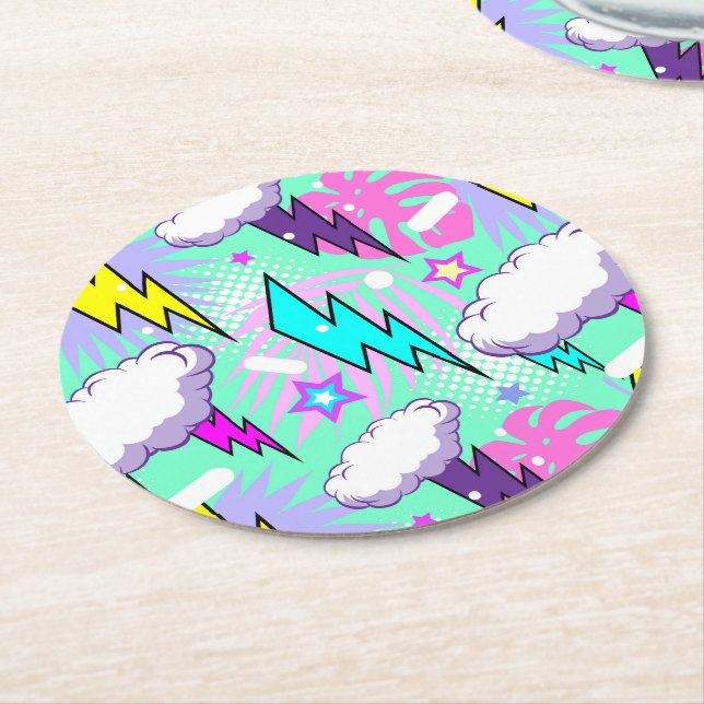 Neon Lightning Bolts & Stars Pattern Round Paper Coaster (Angled)