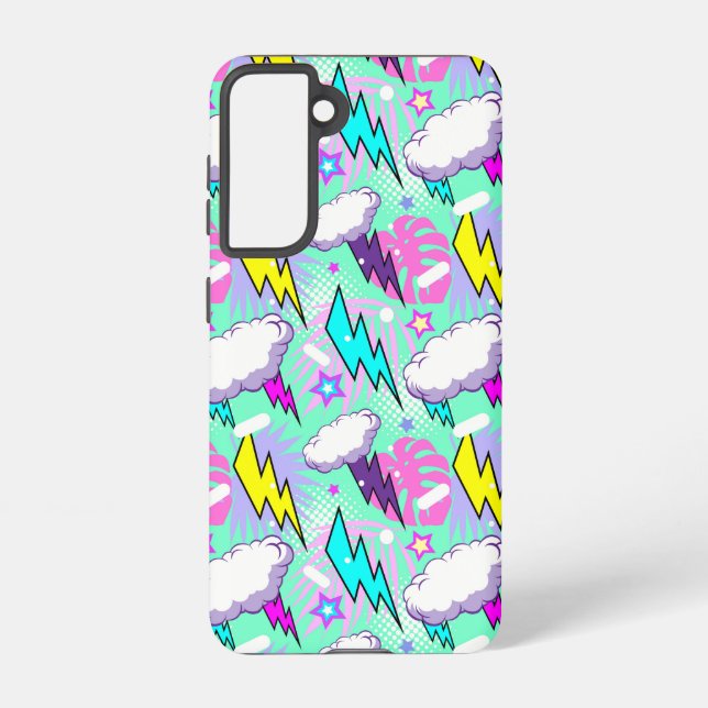 Neon Lightning Bolts & Stars Pattern Samsung Galaxy S21 Case (Back)