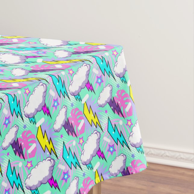 Neon Lightning Bolts & Stars Pattern Tablecloth (In Situ)