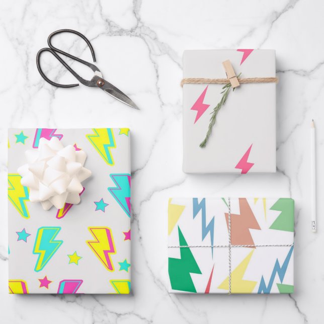 Neon Lightning Star Y2K Pattern Wrapping Paper Sheet (Front)
