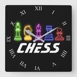 Neon Lights Chess Pieces Chess King Square Wall Clock