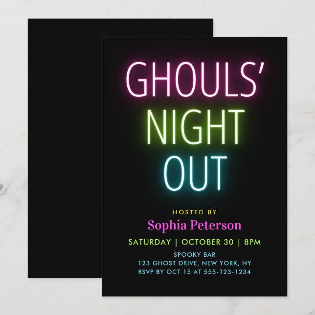 Neon Lights Ghouls Night Out Halloween Party Invitation (Front/Back)