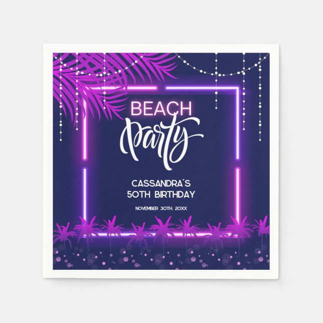 Neon Lights Palm Beach Night Party Birthday Napkin (Front)