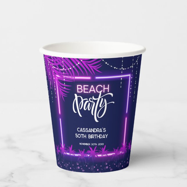 Neon Lights Palm Beach Night Party Birthday Paper Cups (Front)