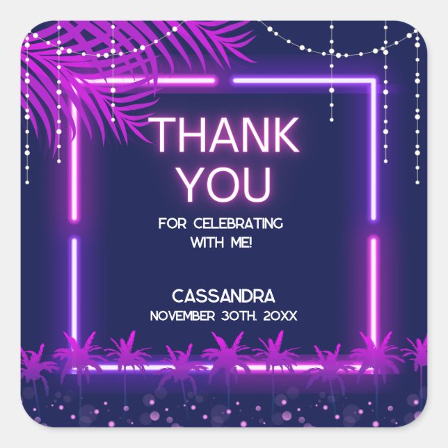 Neon Lights Palm Beach Night Party Birthday Square Sticker (Front)