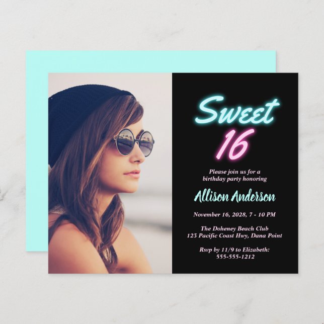Neon Lights Photo Budget Sweet 16 Birthday Party (Front/Back)