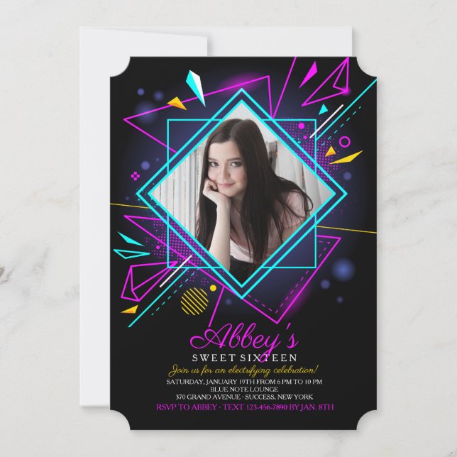 Neon Lights Photo Invitation (Front)