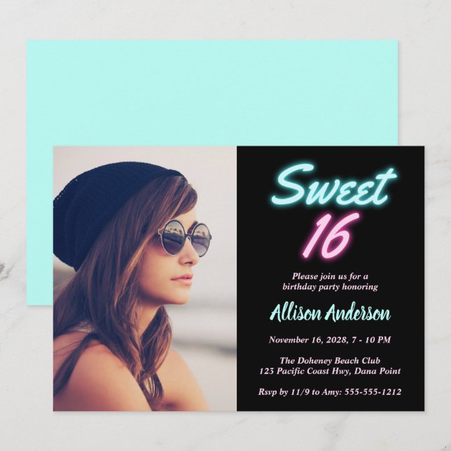Neon Lights Photo Sweet 16 Birthday Party Invitation (Front/Back)
