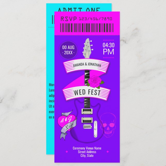 Neon Lights Rock ’n’ Roll Wedding Ticket Invitation (Front/Back)