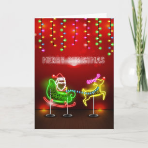 Neon Lights Santa and Rudolph Christmas Holiday Card