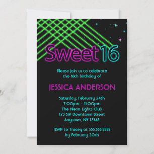 Neon Lights Sweet 16 Birthday Party Invitation