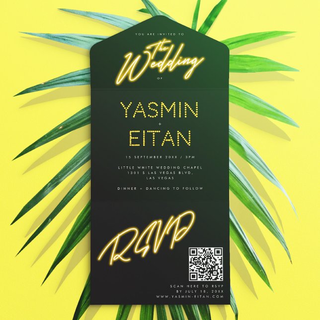 Neon Lights Yellow Black QR Code Wedding All In One Invitation (Neon Lights Yellow Black QR Code Wedding All In One Invitation)