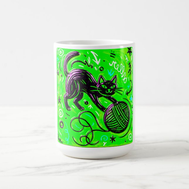 Neon Lime Kitten Art Coffee Mug (Center)