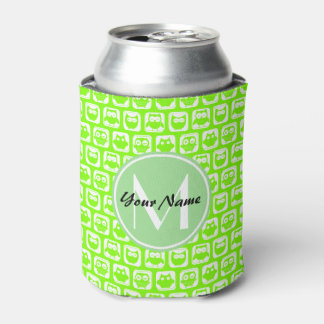 Neon Lime Owls Personalised Monogram Can Cooler