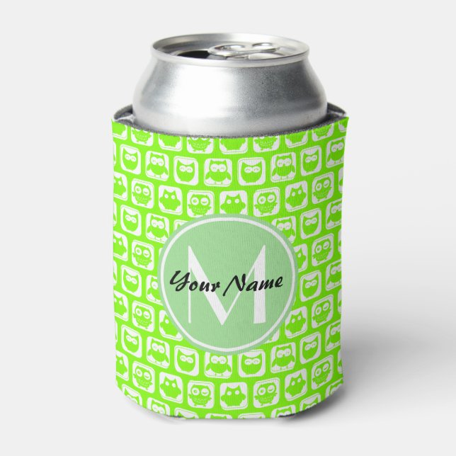 Neon Lime Owls Personalised Monogram Can Cooler (Can Front)
