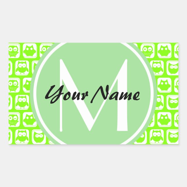 Neon Lime Owls Personalised Monogram Rectangular Sticker (Front)