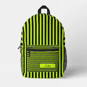 Neon Lime Yellow Black Vintage Striped Name Printed Backpack