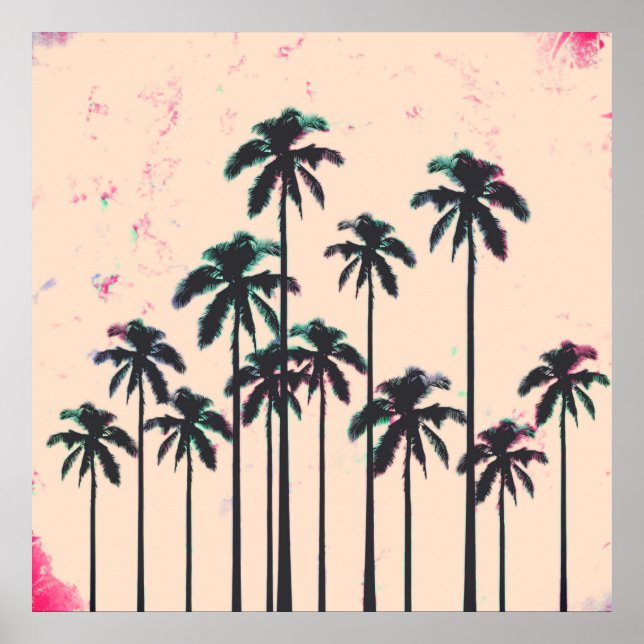 Neon Lined Black Palm Trees on Peach Horizon Poster (Front)