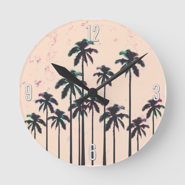 Neon Lined Black Palm Trees on Peach Horizon Round Clock (Front)