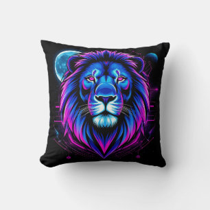 Neon Lion Illustration with Geometric Shapes Cushion