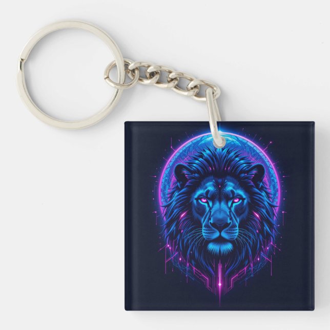 Neon Lion Illustration with Geometric Shapes Key Ring (Front)