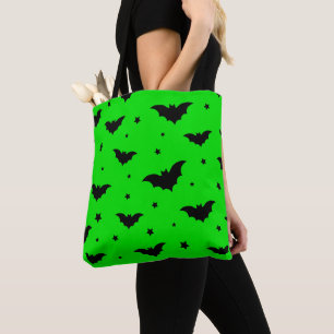 NEON LOOK GREEN WITH BLACK HALLOWEEN BATS TOTE BAG