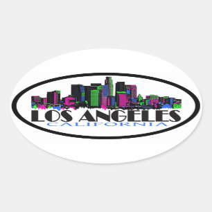 Neon Los Angeles California skyline oval sticker