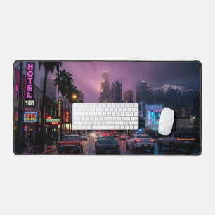Neon Los Angeles Rain Cyberpunk Retro Desk Mat