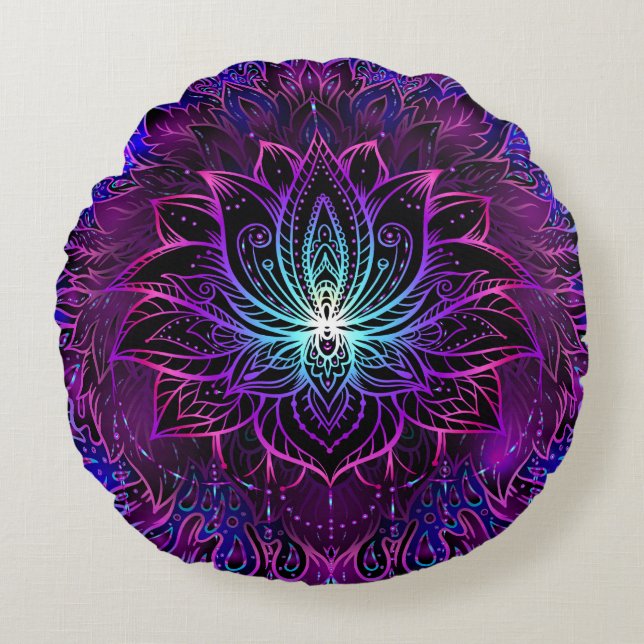 Neon Lotus Flower Boho Print Round Cushion (Front)