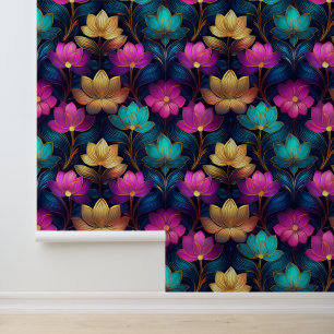 Neon Lotus Flowers Pink Teal Gold Floral Abstract Wallpaper