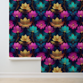 Neon Lotus Flowers Pink Teal Gold Floral Abstract Wallpaper