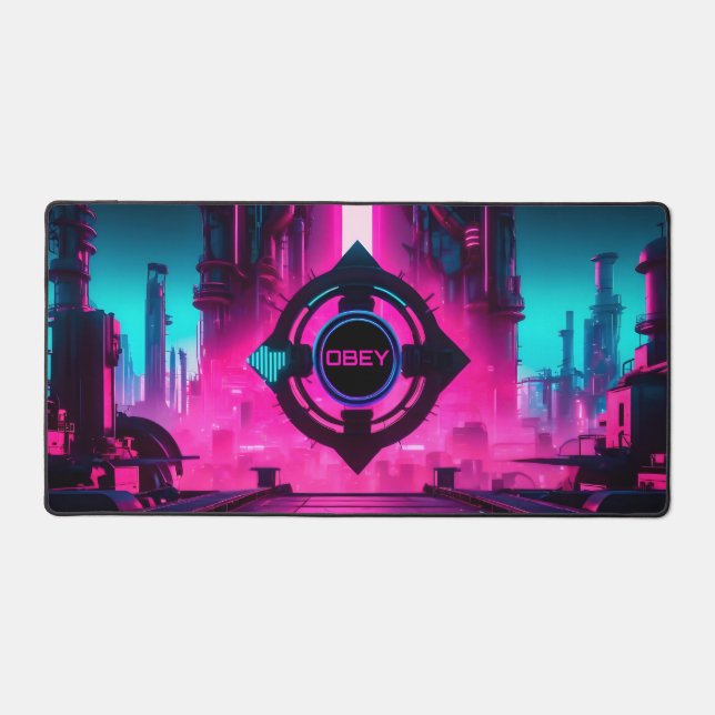 Neon Magenta Cyan Cyberpunk City Obey Gamer Desk Mat (Front)