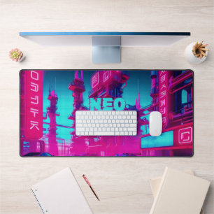 Neon Magenta Cyan Cyberpunk Neo Tokyo Gamer Desk Mat