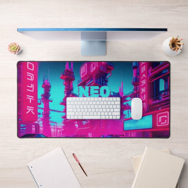 Neon Magenta Cyan Cyberpunk Neo Tokyo Gamer Desk Mat (Office 1)
