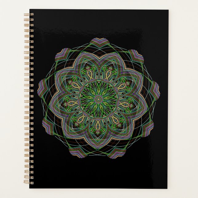 Neon Mandala Trippy Fractal Art Rosette Pattern Planner (Front)