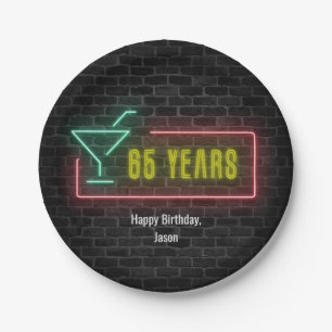 Neon marquee 65th Birthday sign on brick Paper Plate