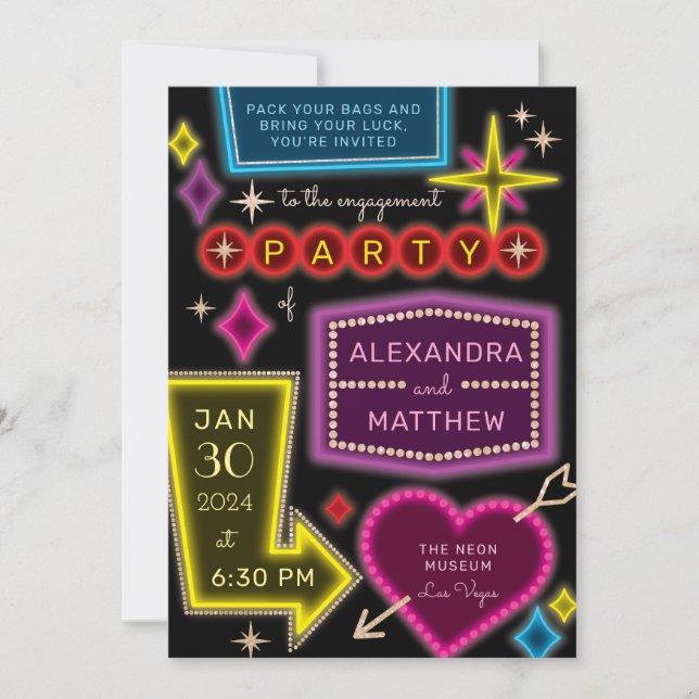 Neon Marquee Signs Las Vegas Engagement Party Invitation (Front)